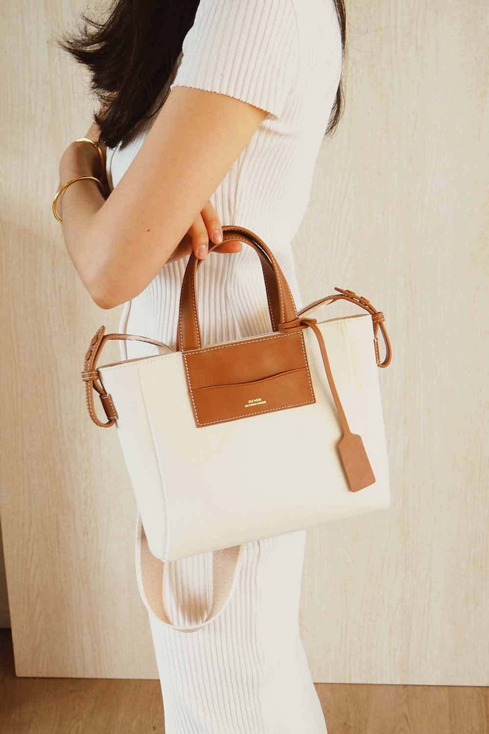 Daley Mini Canvas Tote Bag in Beige, personalised leather-accented tote bag in Singapore, ideal for daily essentials.