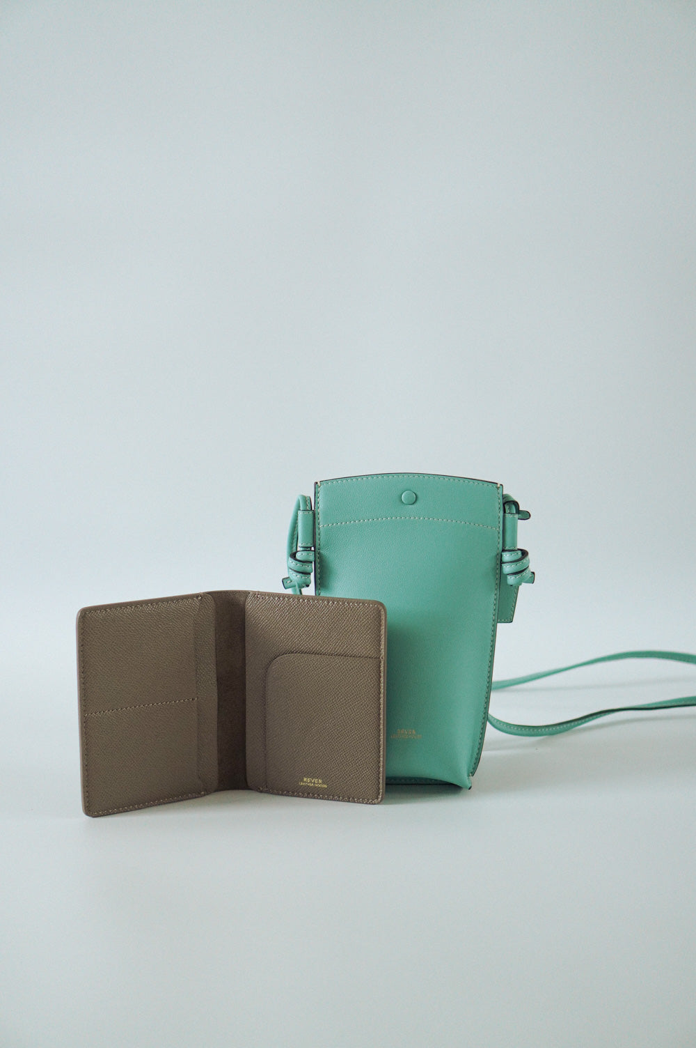 Rubin Phone Bag in MInt & Henry Passport Holder in Smoke Customised Gifts Singapore