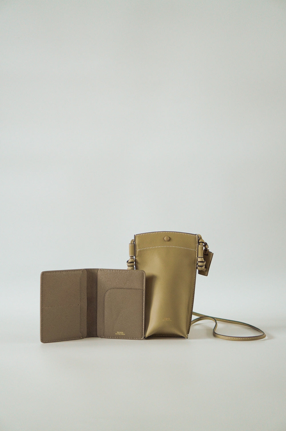 Rubin Phone Bag in Biscuit & Henry Passport Holder in Smoke Customised Gifts Singapore