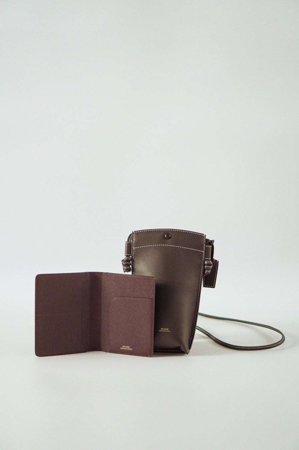 Rubin Phone Bag in Coffee & Henry Passport Holder in Burgundy Personalised Gifts Singapore