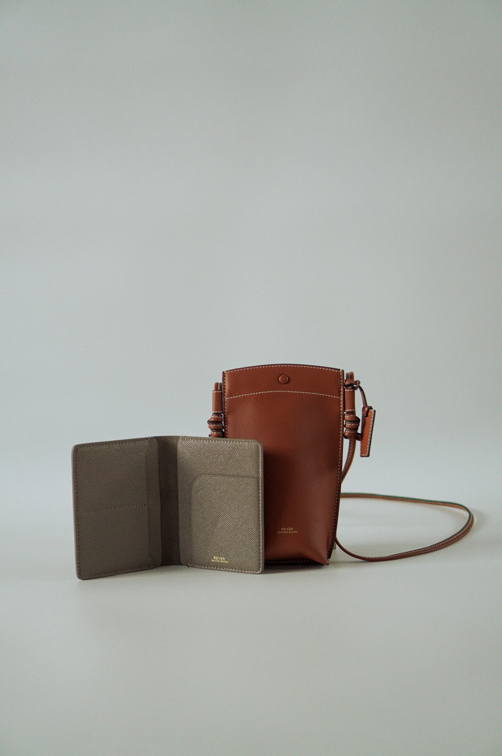 Rubin Phone Bag in Maple & Henry Passport Holder in Smoke Personalised Gifts Singapore