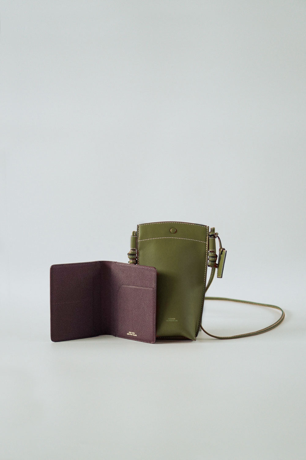 Rubin Phone Bag in Pistachio & Henry Passport Holder in Burgundy Personalised Gifts Singapore
