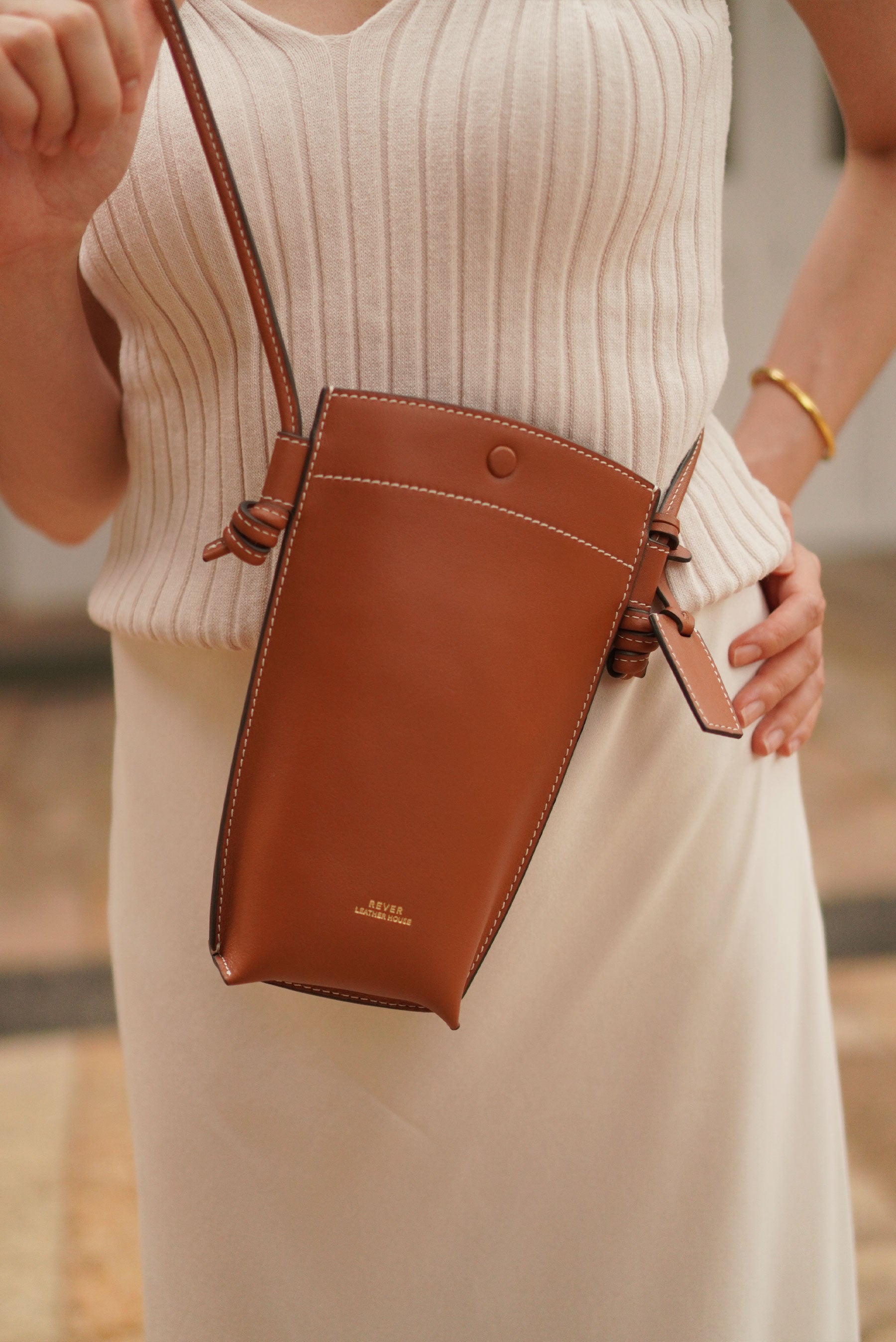 Rubin Phone Crossbody Bag in Maple, sling bag for women, minimalist leather design for everyday essentials.