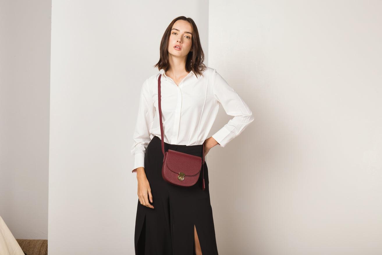 Rever Personalised Fine Leather Goods - Huns Saddle Crossbody Womens Bag - Bordeaux Italian Leather